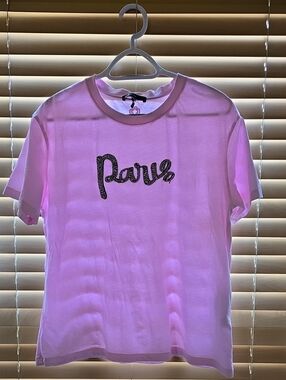 Maje Pink Crewneck Tee with Embroidered Detail